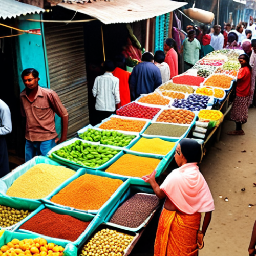 Home 14 A bustling market scene in Bangladesh, showcasing a variety of products tailored to local customer needs. Focus on vibrant colors, diverse vendors, and customers interacting with the products.