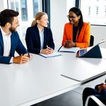 서비스화 추진을 위한 조직 문화 변화 - ** A diverse team of professionals collaborating around a table in a modern, brightly lit office. Th...