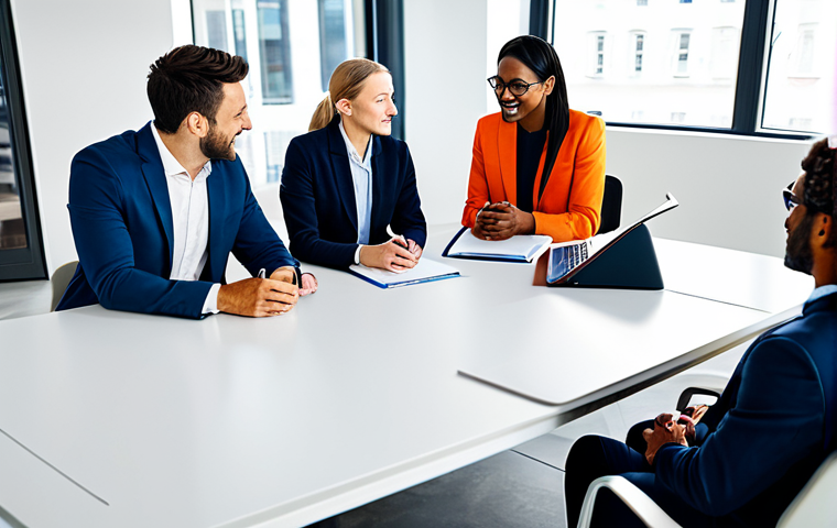 서비스화 추진을 위한 조직 문화 변화 - ** A diverse team of professionals collaborating around a table in a modern, brightly lit office. Th...