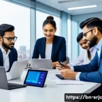 Home 20 제품 서비스화의 이점과 단점 - A modern office environment showing a diverse team of professionals collaborating on product service...