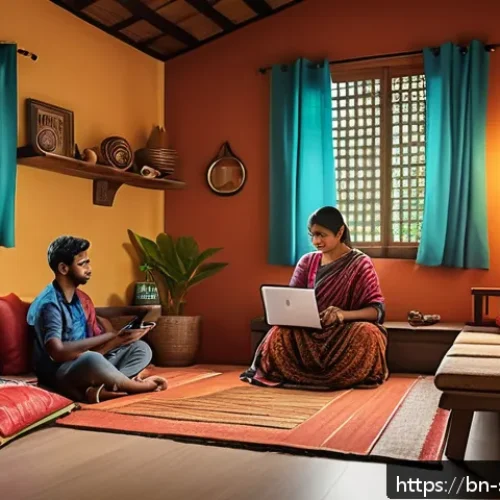 Home 17 제품 서비스화의 기술 혁신 사례 - A modern Bengali family in a cozy smart home setting, interacting with various IoT devices like smar...